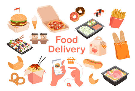 Food delivery lettering, catering service set vector illustration. Cartoon fastfood order menu collection with ice cream coffee pizza noodles donuts french fries hotdog baguette isolated on whiteのイラスト素材