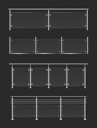 Glass handrail vector illustration set. Realistic 3d glossy balustrade or plexiglass barrier with metal steel hand rails, fence sections for modern terrace, stairway, house balcony on black backgroundのイラスト素材