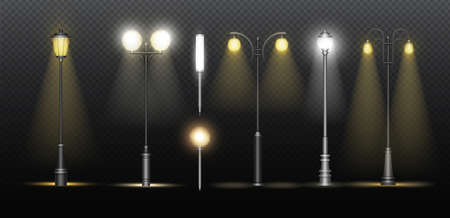 Lanterns on city street. Realistic classic alley lamppost collection with metal streetlights glowing...