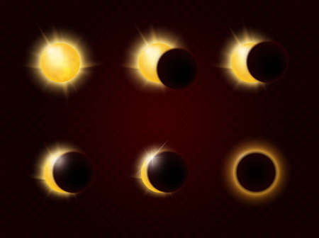 Solar eclipse in different phases infographic vector illustration. Total and partial solar eclipse...