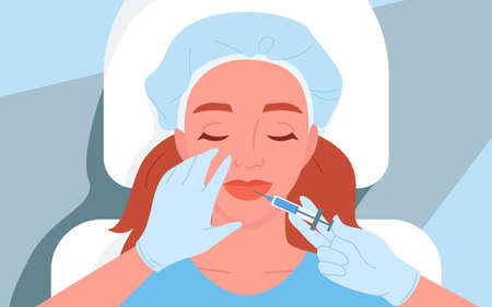 Cosmetology medicine skincare, beauty procedure vector illustration. Cartoon woman character lying on anti wrinkle dermal facial skin care, cosmetologist beautician holding needle, top view backgroundのイラスト素材