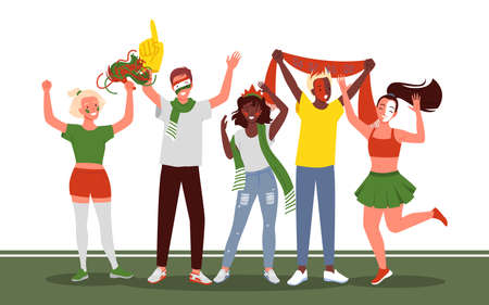 Soccer or football people fans celebrate goal on white background. Cartoon young happy woman man fan characters supporting national team with flags and painted faceのイラスト素材