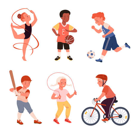 Cartoon cute happy boy girl run, child play football soccer, baseball and tennis, jump rope, active young children characters isolated on white. Kids doing sports exercises set vector illustrationのイラスト素材