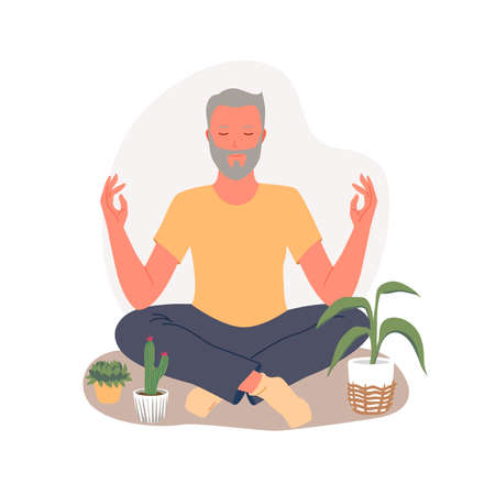 Old people training yoga to concentrate on healing aura, practice zen asana vector illustration. Cartoon senior man character sitting in calm lotus position, mental health therapy isolated on whiteのイラスト素材