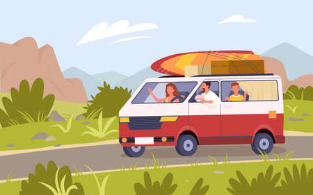 Family travel by car bus camper van, summer vacation trip adventure vector illustration. Cartoon tourist mother father and son kid characters traveling on road in mountain nature landscape backgroundのイラスト素材
