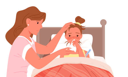 Mother and sick daughter with cold flu, fever ill vector illustration. Cartoon feverish child lying in bed at home bedroom, mom character checking temperature with thermometer isolated on whiteのイラスト素材