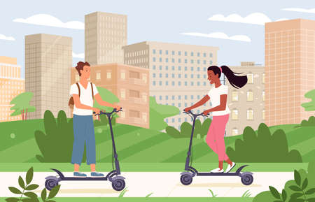 People ride electric scooter transport in urban city landscape vector illustration. Cartoon young man woman characters drive speed electric scooter on street, alternative eco lifestyle backgroundのイラスト素材