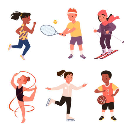 Set of cute happy boy girl run, child play, baseball and tennis, active young children characters isolated on white background. Kids doing sports exercises set vector illustration, sport school childrenのイラスト素材