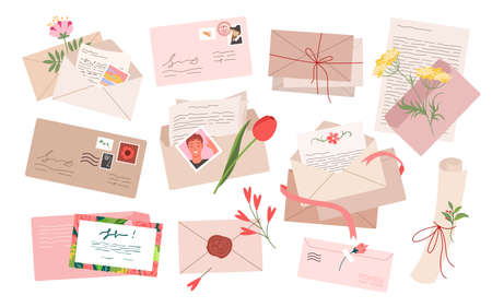 Vintage envelope with mail paper letter set vector illustration. Cartoon retro envelopes with postage stamp, postal invitation, travel postcard and hand written calligraphy document isolated on whiteのイラスト素材