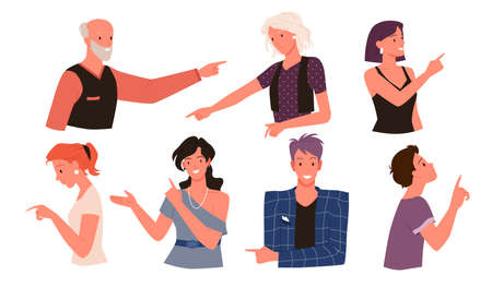 People point finger, hand pointing gesture on direction vector illustration. Cartoon adult old and young man woman characters, child boy pointing in various poses, girl posing isolated on whiteのイラスト素材