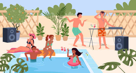 Cartoon group of young man woman characters in swimsuit listen to fun music, girls in bikini swimming in water, summertime vacation background. Summer pool party with peopleのイラスト素材