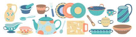 Cartoon fork tools and cup, dish bowl, plate with cute pattern for family dinner. Vintage kitchenware, cutlery to cook food in home kitchen vectorのイラスト素材