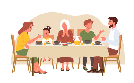 Family people eat dinner at home vector illustration. Cartoon mother feeding little daughter, father, son, grandmother sitting at dining table and eating isolated on white. Happy family time conceptのイラスト素材