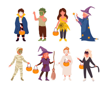 Cartoon cute girls boys in funny monster costumes holding treat pumpkin in hands on Halloween fun holiday isolated on white. Halloween party kid characters set, happy children vector illustrationのイラスト素材