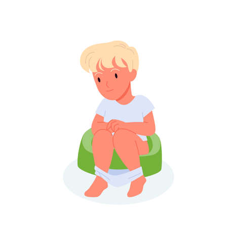 Baby boy sitting on green chamber pot vector illustration. Cartoon little child doing morning or evening hygiene routine in bathroom or lavatory isolated on white. Toddler potty training conceptのイラスト素材
