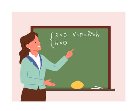 School or college teacher training on math lesson or lecture in classroom vector illustration. Cartoon female teacher teaching mathematics, standing near formulas on chalkboard. Education conceptのイラスト素材