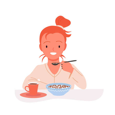 Girl eating crunchy corn flakes or sweet granola with milk from bowl vector illustration. Cartoon cute kid sitting at table with spoon to eat cereal healthy morning breakfast food isolated on whiteのイラスト素材