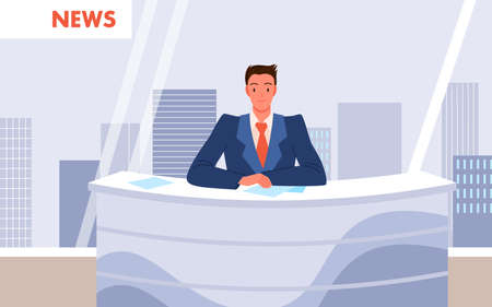 TV translation, breaking news in studio with newscaster vector illustration. Cartoon man presenter sitting at desk for television news presentation, work of anchorman. Journalism, broadcast conceptのイラスト素材