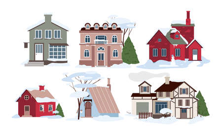 Cartoon family homes in snowdrifts, buildings and cottages with trees in garden, windows, roofs and doors background. Village modern houses in winter cold weather and snow set vector illustrationのイラスト素材