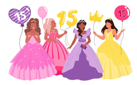 Cartoon teen female characters in purple or pink dresses, princess tiara and crown, holding balloons...