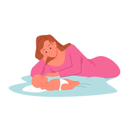 Baby sleeps, Breastfeeding lactation, happy mothers day, motherhood concept vector illustration. Cartoon mom with newborn child, baby drinks milk from breast, young motherのイラスト素材