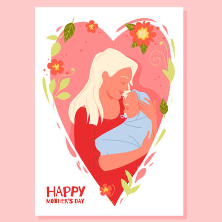 Happy Mothers day greeting card with text vector illustration. Cartoon beautiful young mom and newborn baby inside red heart with flowers, family embrace and touch. Maternity, childcare conceptのイラスト素材