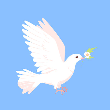 Peace pigeon flying with flower branch. International peace day, peaceful dove bird, pacifist global symbol, forgiveness and compassion spreading cartoon vector illustrationのイラスト素材