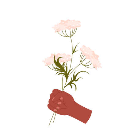 Hand holding garden flower bunch. Natural botanical blossoming gift, bloom wild bouquet plants, romantic and beautiful spring flowers, gardening floret fragrance cartoon vector illustrationのイラスト素材