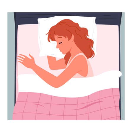 Woman sleeping in comfortable bed, cozy home bedroom top view vector illustration. Cartoon sleepy girl resting, lying on pillow under blanket to sleep and dream at night, lifestyle backgroundのイラスト素材