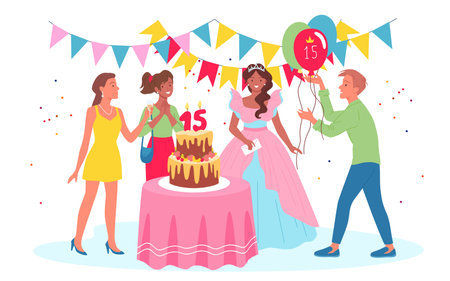 Birthday party celebration for teen princess vector illustration. Cartoon beautiful girl and friends celebrate with cake, boy holding balloons,15. Quinceanera conceptのイラスト素材