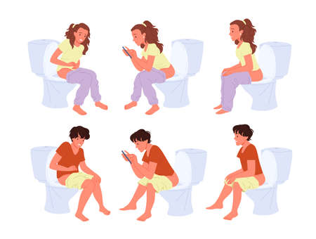 People sitting on toilet bowl set vector illustration. Cartoon man and woman sit and pee, young characters suffering from diarrhea or constipation, using smartphone in restroom isolated on whiteのイラスト素材
