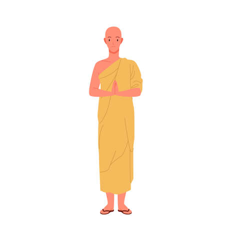 Buddhist monk from Asian temple standing in praying pose vector illustration. Cartoon bald male prayer character meditating, Thai cute guy in monks robe isolated on white. Buddhism, zen conceptのイラスト素材