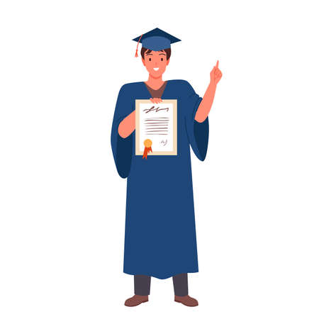 Happy smiling boy holding a graduation diploma. Student graduate wearing college cap and robe, academic studies ceremony, university bachelor degree cartoon vector illustrationのイラスト素材