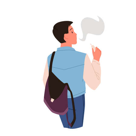 Young man smoking an electronic cigarette. Innovative latest generation smoke device, teenager bad lifestyle habit, tobacco addiction and cigaret dependence cartoon vector illustrationのイラスト素材