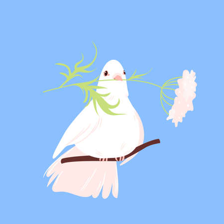 Pigeon peace bird holding plant branch. Spreading love, mercy and human harmony, international peace day, peaceful dove, purity and hope symbol cartoon vector illustrationのイラスト素材
