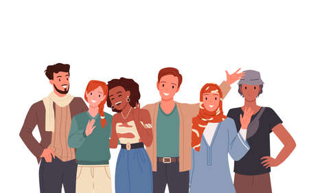 Diverse group of happy people standing together vector illustration. Cartoon multiracial team of colleagues, multicultural citizen characters isolated on white. Community, friendship, teamwork conceptのイラスト素材