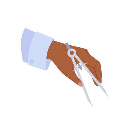 Engineers hand holding compass to measure length on drawing vector illustration. Cartoon person training, professional worker drafting with mechanical tools isolated on white. Draft, project conceptのイラスト素材