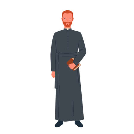 Protestant priest, religious leader character vector illustration. Cartoon man with beard holding Bible holy book in hand, male character preaching isolated on white. Missionary, religion conceptのイラスト素材