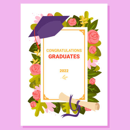 Graduate congratulations card with diploma and hat. Celebrating graduation ceremony, student university degree, gaining bachelor studies, college party cartoon vector illustrationのイラスト素材