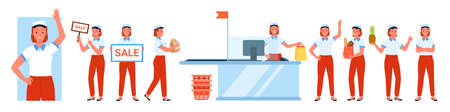 Female workers of supermarket, grocery store or showroom set vector illustration. Cartoon friendly saleswoman holding sale board and bag with food, young employee at checkout desk isolated on whiteのイラスト素材