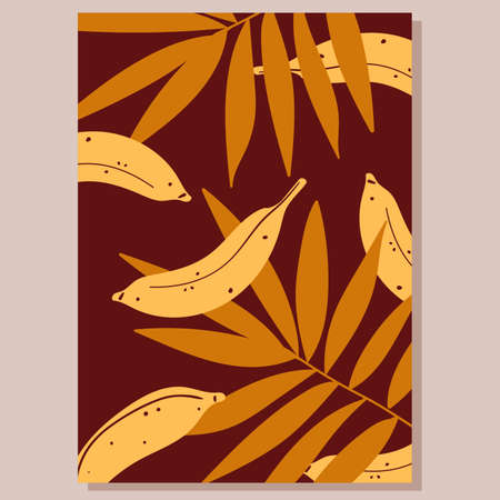 Banana and tropical bunch with leaves vector illustration. Abstract whole yellow fruit, orange leaf on brown background, jungle plants and trees for wallpaper, social media story or invitation cardsのイラスト素材