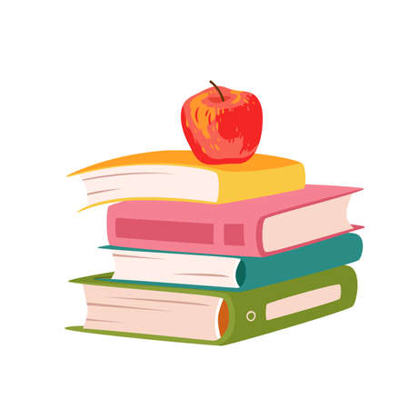 Stack of colorful books and textbooks and apple on top vector illustration. Cartoon pile of paper books from university library, literature from bookstore isolated on white. Read, study conceptのイラスト素材