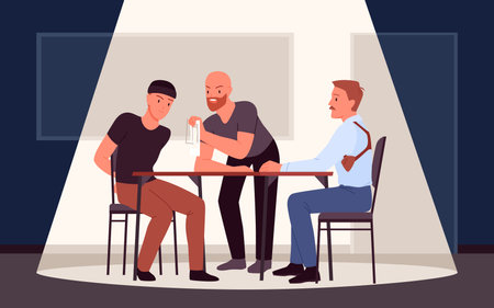 Good and bad cop, criminal interrogation method vector illustration. Cartoon detectives interrogate suspicious, meeting of police officers and prisoner with handcuffs in interrogation room backgroundのイラスト素材