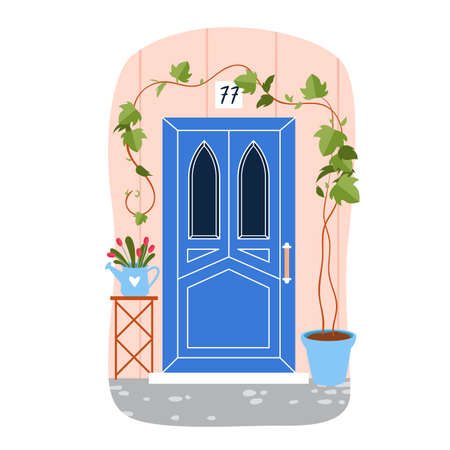 Blue door to house with ivy plant in pot and lancet windows vector illustration. Cartoon front view from town street of elegant building facade decorated with flowers isolated on white. Home conceptのイラスト素材