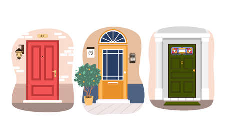 Set of different entrance house doors. Building exterior architecture design, home entry door, decorative plant, welcome floor mat, exterior doorway and doorsteps vector illustrationのイラスト素材