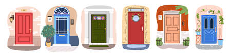 Doors to home apartment of different colors set vector illustration. Cartoon collection of doorways...