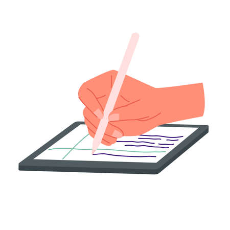 Human hand holding stylus and sketching plan, top view vector illustration. Cartoon person working on digital document on display, designer drawing on screen isolated on white. Technology conceptのイラスト素材