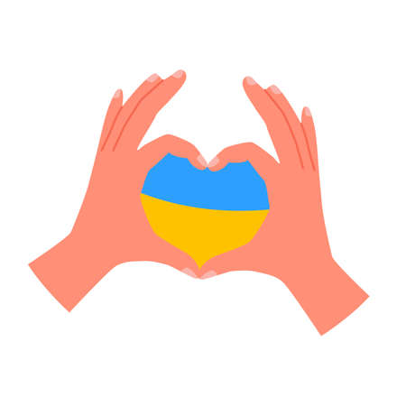 Hands showing heart gesture in support of Ukraine in military crisis. Person with patriotic message...