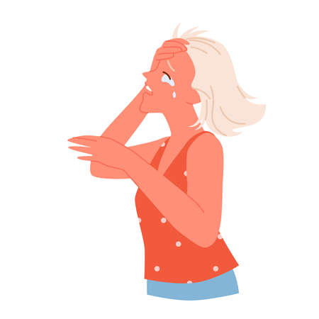 Sad depressed girl crying vector illustration. Cartoon lonely young character holding head, teenager feeling grief and standing alone isolated on white. Anxiety, stress, psychotherapy conceptのイラスト素材