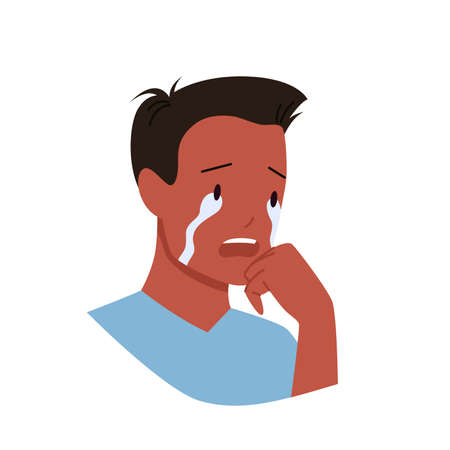 Young man crying vector illustration. Cartoon sad unhappy male character with tears on face, lonely frustrated person feeling grief, stress and anxiety isolated on white. Bullying, violence conceptのイラスト素材
